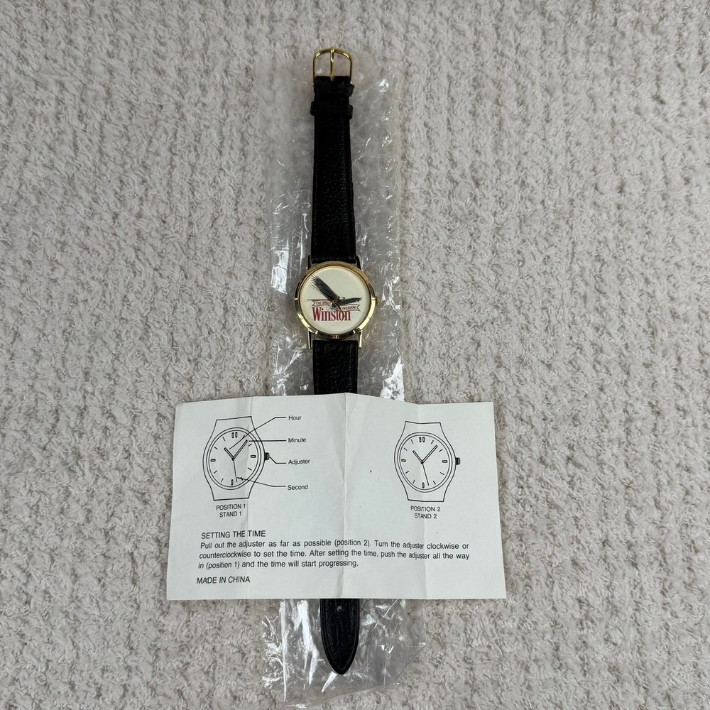 Vintage Winston The Spirit of Freedom Eagle Watch Gold Tone Black Leather Strap